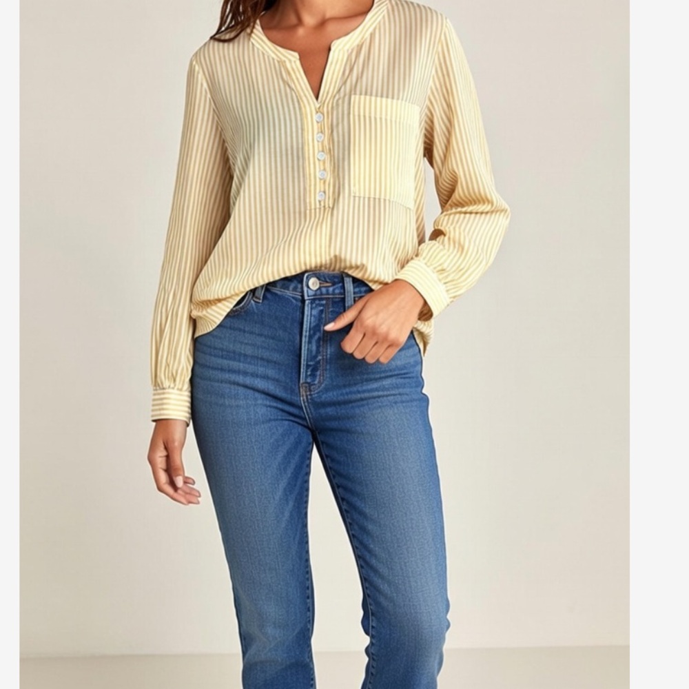 J. Jill Yellow Striped Long Sleeve Split Neckline Mother of Pearl Buttons Blouse